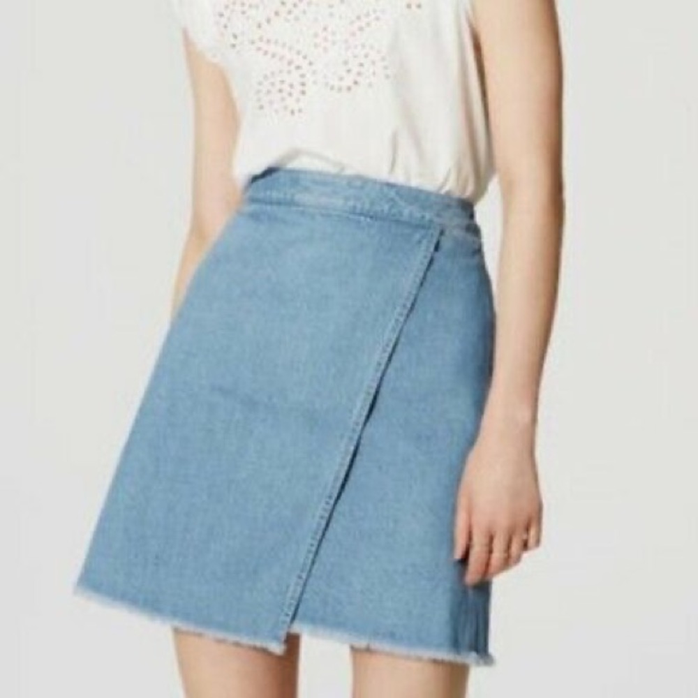 Loft denim a-line wrap skirt frayed hem‎ medium wash blue